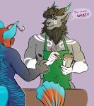  aladar_(character) anthro apron beverage clothing coffee dialogue duo female hi_res horn humanoid i_mean_breast_milk itcheebones lycafel male male/female meme sagelock_grim tail_tuft tuft 