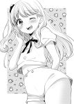  1girl ;d bangs blush bow character_request collared_shirt eyebrows_visible_through_hair grey_background greyscale hair_ornament hair_scrunchie hand_up high-waist_shorts highres ice_cream_kanojo kuune_rin long_hair looking_at_viewer midriff_peek monochrome navel one_eye_closed one_side_up puffy_short_sleeves puffy_sleeves scrunchie shirt short_shorts short_sleeves shorts smile solo teeth two-tone_background upper_teeth very_long_hair white_background 
