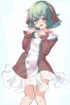  1girl :3 :d animal_ears bangs brown_dress dog_ears dress eyebrows_visible_through_hair frilled_dress frills green_eyes green_hair gumi_9357 highres kasodani_kyouko long_sleeves looking_at_viewer open_mouth short_hair simple_background smile solo standing touhou white_background 
