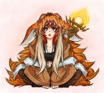  1girl animal_hood between_legs butterfly_sitting collarbone duel_monster familiar-possessed_-_hiita fangs fire hand_between_legs highres hiita_the_fire_charmer hood inari_fire krk96gk light_blush long_sleeves looking_up open_clothes open_mouth open_robe orange_eyes pantyhose pelt red_hair robe sitting solo staff wide_sleeves yu-gi-oh! 