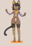  1girl animal_ears bangs barefoot beige_background black_hair blonde_hair blunt_bangs bob_cut bridal_gauntlets cat_ears cat_girl cat_tail clenched_hands colored_inner_hair commentary dark-skinned_female dark_skin ear_piercing egyptian extra_ears flat_chest full_body highres jewelry looking_at_viewer mercury8 multicolored_clothes multicolored_hair multicolored_legwear navel o-ring original piercing pointy_ears revealing_clothes ring short_hair simple_background solo striped tail two-tone_hair yellow_eyes 