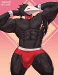  abs absurd_res anthro avian biceps big_bulge black_body bow_tie bulge clothing cresxart cuff_links darkner deltarune flexing glistening glistening_body hi_res male muscle_tone muscular muscular_anthro muscular_male pecs red_eyes smile solo speedo swatchling swimwear thick_thighs undertale_(series) video_games 