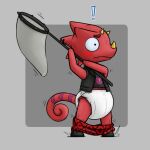 animal_crossing anthro blush bottomwear bottomwear_down bug_net chameleon clothed clothing diaper embarrassed exclamation_point flick_(animal_crossing) footwear horn ire-k lizard male nintendo pants pants_down partially_clothed reptile scalie shoes solo surprise video_games 