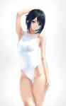  1girl armpits aruhi_(pyxk7325) black_hair blue_eyes collarbone commentary_request cowboy_shot highres looking_at_viewer one-piece_swimsuit original short_hair simple_background solo standing swimsuit thigh_gap white_background white_swimsuit 