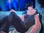  1boy barefoot biceps black_hair blue_eyes chain cigarette duplicate gakuran hat holding holding_cigarette jojo_no_kimyou_na_bouken kujo_jotaro large_pectorals less_end long_coat male_focus muscular muscular_male off_shoulder pectorals pixel-perfect_duplicate school_uniform sitting solo stardust_crusaders 