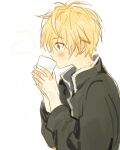  1boy blonde_hair blue_eyes blush coffee cup drinking johan_talede kuzuvine looking_to_the_side lord_of_heroes male_focus pale_skin white_background 