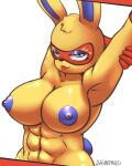  2022 abs aeonspassed animal_crossing anthro areola big_breasts black_nose blue_nipples breasts digital_media_(artwork) eyelashes female hi_res lagomorph leporid looking_at_viewer mammal mira_(animal_crossing) nintendo nipples rabbit simple_background solo video_games 