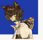  1boy aak_(arknights) animal_ears arknights bishounen black_hair ear_piercing fang hood hoodie looking_at_viewer male_focus moonsoupss one_eye_covered open_mouth piercing simple_background slit_pupils solo upper_body yellow_eyes 