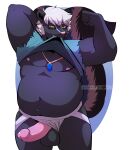  anthro azure_(bluedude) balls biting_clothing black_body black_fur blue_body blue_fur blue_stripes clothed clothing clothing_lift erection eyewear facial_hair flexing fluffy fluffy_tail fur genitals glasses hair hi_res jewelry jockstrap looking_at_viewer male mammal mephitid munkeesgomu musclegut muscular muscular_male navel necklace nipples overweight overweight_male penis_through_jockstrap raised_arm shirt shirt_lift sideburns signature skunk solo standing stripes thick_thighs topwear underwear white_body white_fur white_hair yellow_eyes 