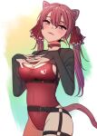  1girl absurdres animal_ears blush breasts cat_day cat_ears cat_tail closed_mouth commentary_request covered_navel drill_hair eyebrows_behind_hair fang fang_out heterochromia highres hololive houshou_marine jangmaseason large_breasts red_eyes red_hair ringlets tail twin_drills twintails virtual_youtuber yellow_eyes 