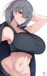  1girl abs bangs black_coat black_pants black_sports_bra breasts closed_mouth coat collarbone commentary_request dated earrings eyebrows_visible_through_hair grey_hair hair_between_eyes hand_in_hair highres himuka_(523) jewelry large_breasts looking_at_viewer navel original pants red_eyes short_hair signature simple_background solo sports_bra stomach toned white_background 