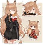  1girl :3 :t ^_^ animal_ears arknights bangs black_jacket black_skirt blush blush_stickers braid brown_eyes brown_hair burger ceobe_(arknights) ceobe_(summer_flowers)_(arknights) ceobe_(unfettered)_(arknights) chibi closed_eyes dog_ears dog_tail food gloves highres holding holding_food jacket long_hair long_sleeves miniskirt multiple_views oripathy_lesion_(arknights) outline parted_lips red_gloves red_jacket single_braid skirt sparkle standing syrup tail translation_request very_long_hair white_outline xx_(m1yee) 
