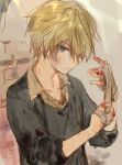  1boy bandages blonde_hair blood blue_eyes bruise injury johan_talede kuzuvine looking_at_viewer lord_of_heroes male_focus pale_skin solo stained_clothes 