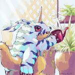  animal_skin anthro bandai_namco digimon digimon_(species) gabumon horn kira_dra_h plant plant_pot pot_(disambiguation) potted_plant red_eyes solo watering_can watering_plants window_sill yellow_body 