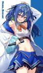  1girl 774_inc. absurdres arm_up armpit_peek armpits bare_shoulders belt blue_hair blue_skirt breasts cowboy_shot crop_top highres hiyoku_no_crosspiece holding jacket kurebayashi_noe long_hair long_sleeves looking_at_viewer midriff miniskirt mole mole_on_stomach mole_under_eye navel neck_ribbon off_shoulder open_clothes open_jacket open_mouth red_eyes revealing_clothes ribbed_shirt ribbon shirt skirt sleeveless sleeveless_shirt small_breasts smile solo standing stomach suzumi_nemo two_side_up virtual_youtuber white_jacket white_shirt 
