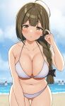  1girl absurdres ahoge ass_visible_through_thighs bangs beach black_bow blue_sky blunt_bangs blush bow braid braided_ponytail breasts brown_hair cleavage cloud cloudy_sky collarbone commentary_request cowboy_shot day hair_bow hand_up highres horizon idolmaster idolmaster_shiny_colors kuwayama_chiyuki large_breasts leaning_forward long_hair looking_at_viewer navel ocean outdoors parted_lips skindentation sky solo_focus sparkle thighs wanimaru water wet 