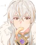  1boy black_eyes blonde_hair earrings food food_in_mouth jewelry kartis_claudith kuzuvine looking_at_viewer lord_of_heroes male_focus multicolored_hair pale_skin shrimp solo stud_earrings sweat white_hair 