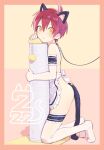  1boy ahoge animal_ears apron bangs blush cat_day closed_mouth crossdressing fake_animal_ears fake_tail frills full_body hair_between_eyes highres kneeling leash looking_at_viewer male_focus naked_apron original otoko_no_ko pillow_(nutsfool) red_hair simple_background solo sweat tail thighhighs waist_apron white_apron white_legwear yellow_eyes 