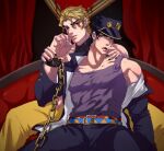  2boys black_hair black_nails blonde_hair blood_drip blue_eyes chain couch cuffs dio_brando earrings hand_on_another&#039;s_face handcuffs hat highres jewelry jojo_no_kimyou_na_bouken kujo_jotaro large_pectorals less_end long_coat male_focus multiple_boys muscular muscular_male off_shoulder pants pectorals purple_shirt red_eyes shirt stardust_crusaders yaoi yellow_pants 