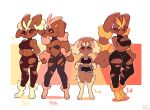  2022 accessory anthro athletic_wear black_sclera blush bra breasts cleavage clothed clothing crossed_arms female group hair_accessory hairband hands_behind_back hands_on_hips hi_res lagomorph looking_at_viewer lopunny mammal mega_evolution mega_lopunny midriff navel nintendo peacheebun pink_eyes pok&eacute;mon pok&eacute;mon_(species) signature simple_background size_difference smile sports_bra underwear video_games whispering white_background 