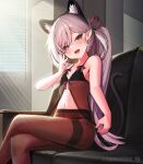  1girl :d animal_ear_fluff animal_ears babydoll bangs bare_arms bare_shoulders black_legwear blue_archive blush bow breasts brown_legwear cat_ears cat_girl cat_tail collarbone crossed_legs eyebrows_visible_through_hair fake_animal_ears fang hair_ribbon highres indoors long_hair looking_at_viewer multicolored_hair mutsuki_(blue_archive) navel open_mouth panties panties_under_pantyhose pantyhose pink_hair purple_eyes purple_hair red_ribbon ribbon sitting small_breasts smile solo tail thighband_pantyhose twintails twitter_username underwear unidentified_nk very_long_hair watermark 