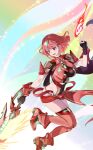  1girl aegis_sword_(xenoblade) ankle_boots bangs black_gloves boots breasts chest_jewel commentary_request fire full_body gloves hand_up highres holding holding_sword holding_weapon large_breasts misu_kasumi open_mouth pyra_(xenoblade) red_eyes red_footwear red_hair red_legwear red_shorts short_hair short_shorts shorts smile solo swept_bangs sword teeth thighhighs tiara upper_teeth weapon xenoblade_chronicles_(series) xenoblade_chronicles_2 zettai_ryouiki 