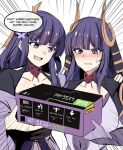  2girls :d blush box english_text geforce_rtx_3090 genshin_impact gloves highres hinghoi holding holding_box long_hair multiple_girls nose_blush open_mouth purple_eyes purple_hair raiden_shogun smile speech_bubble sweatdrop video_card wavy_mouth 