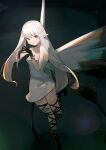  1girl absurdres airy_(bravely_default) bare_shoulders black_background black_gloves black_legwear bravely_default:_flying_fairy bravely_default_(series) butterfly_wings dress fairy fingers_together gloves green_eyes highres leg_up long_hair looking_at_viewer pointy_ears short_dress simple_background solo standing standing_on_one_leg strapless strapless_dress thighhighs thighs tsunodriller white_dress white_hair wings 