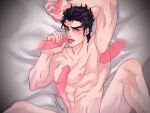  1boy between_pectorals black_hair blue_eyes blush completely_nude disembodied_penis fellatio handjob implied_anal jojo_no_kimyou_na_bouken kujo_jotaro large_pectorals less_end licking licking_penis lying multiple_penises muscular muscular_male no_hat no_headwear nude on_back on_bed oral pecjob pectorals penis spread_legs stardust_crusaders yaoi 