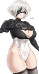  1girl absurdres bangs blindfold blush breasts cleavage cleavage_cutout clothing_cutout covered_navel feather-trimmed_sleeves highleg highleg_leotard highres hotate-chan juliet_sleeves large_breasts leotard long_sleeves mole mole_under_mouth nier_(series) nier_automata parted_lips puffy_sleeves short_hair silver_hair solo white_leotard yorha_no._2_type_b 