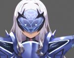  1girl armor armored_dress bangs blue_armor blue_dress breastplate breasts dress fairy_knight_lancelot_(fate) fate/grand_order fate_(series) highres long_hair mask nanaku_teiru pauldrons shoulder_armor sidelocks small_breasts solo white_hair 