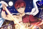  1boy abs akujiki59 artist_name brown_eyes cape emiya_shirou fate/grand_order fate_(series) glowing glowing_sword glowing_weapon holding holding_sword holding_weapon igote japanese_clothes looking_at_viewer moon muscular muscular_male open_mouth pectorals red_hair senji_muramasa_(fate) short_hair single_bare_shoulder solo sword twitter_username weapon 