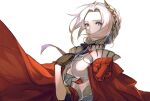  1girl alternate_costume alternate_hairstyle armor axe breastplate breasts cape edelgard_von_hresvelg fire_emblem fire_emblem:_three_houses fire_emblem_warriors fire_emblem_warriors:_three_hopes gloves hair_ornament hair_ribbon highres kashia long_hair long_sleeves looking_at_viewer official_alternate_costume official_alternate_hairstyle purple_eyes red_cape ribbon simple_background skirt solo weapon white_hair 