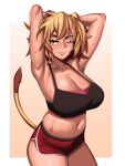 1girl animal_ears blonde_hair blush borrowed_character breasts cleavage closed_mouth crop_top highres kevbot large_breasts lion_ears lion_girl lion_tail lips looking_at_viewer one_eye_closed original short_hair smile solo tail yellow_eyes 