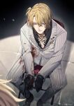  1boy black_shirt blonde_hair blood blood_on_clothes chair chest_tattoo collared_shirt cuffs english_commentary folding_chair formal handcuffs highres jacket jewelry luca_kaneshiro necklace nijisanji nijisanji_en pants purple_eyes rokaraqo shirt side_ponytail smirk solo_focus sonny_brisko striped striped_jacket striped_pants suit tattoo virtual_youtuber white_jacket 