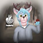  anthro antlers blue_hair brown_antlers brown_nose capreoline cervid clothed clothing detailed_background digital_media_(artwork) fingers forest foxihfox fur green_eyes grey_face hair hi_res horn looking_at_viewer male mammal outside plant reindeer sartik smile solo sweater topwear tree 