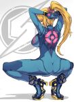  1girl arms_behind_head ass back blonde_hair blue_bodysuit bodysuit breasts from_behind high_heels impossible_bodysuit impossible_clothes looking_back metroid ponytail samus_aran shimure_(460) skin_tight solo squatting super_smash_bros. wet zero_suit 