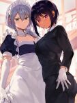  2girls black_hair blue_eyes breasts closed_mouth commentary_request cosplay costume_switch dark-skinned_female dark_skin elbow_gloves female_butler formal gloves grey_hair highres konbu_wakame large_breasts lilith_(saikin_yatotta_maid_ga_ayashii) looking_at_viewer maid maid_headdress mole mole_under_eye multiple_girls pant_suit purple_eyes saikin_yatotta_maid_ga_ayashii sample_watermark short_hair suit twitter_username watermark white_gloves 