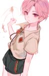  1boy child collared_shirt joshua_levinth kuzuvine looking_at_viewer lord_of_heroes male_focus pale_skin pink_hair purple_eyes shirt shorts solo white_background 