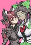  2girls :3 animal_ear_fluff braid breasts brown_hair closed_mouth dress extra_ears eyebrows_visible_through_hair green_eyes green_skirt grey_dress hair_ribbon highres juliet_sleeves kaenbyou_rin large_breasts long_sleeves looking_at_viewer multiple_girls pink_background pointy_ears ponytail puffy_sleeves rakuto red_eyes red_hair reiuji_utsuho ribbon shirt sidelocks simple_background sketch skirt slit_pupils touhou tress_ribbon twin_braids twintails upper_body white_shirt 