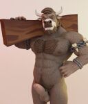  absurd_res beard bodily_fluids bovid bovine bulge buru buruthebull cattle clothing facial_hair foreskin genital_fluids genitals hair hi_res horn log male male/male mammal nipples pecs penis rope smile smirk solo tuft underwear wood 