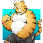  2022 anthro black_nose bottomwear bulge clothing felid green_eyes humanoid_hands kemono male mammal overweight overweight_male pantherine puluground shorts simple_background solo tiger white_body yellow_body 