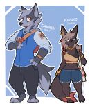  2022 3_toes anthro artist_name barefoot blue_background blue_eyes border bracelet breasts canid canine canis clothed clothing digital_media_(artwork) duo ear_piercing ear_ring feet female fully_clothed fur garren_(zhanbow) grey_body grey_fur hi_res jackal jewelry kirako_(zhanbow) male mammal midriff open_mouth open_smile piercing simple_background smile standing toes white_border wolf zhanbow 