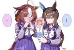  ... 3girls ahoge animal_ears bangs bow bowtie brown_hair cellphone closed_mouth gasp hand_to_own_mouth headband highres holding holding_phone horse_ears horse_girl horse_tail long_hair long_sleeves meisho_doto_(umamusume) multiple_girls nanaheibei_3 phone pleated_skirt ponytail purple_eyes purple_skirt sailor_collar school_uniform simple_background skirt smartphone spoken_blush spoken_character spoken_ellipsis t.m._opera_o_(umamusume) tail tracen_school_uniform umamusume upper_body white_background white_bow white_bowtie white_hair 