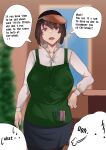  1girl :o absurdres blurry blurry_background breasts brown_eyes brown_hair christmas cojohn english_text highres large_breasts long_sleeves looking_at_viewer mature_female medium_hair plump pocket self_upload speech_bubble standing visor_cap working!! 
