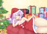  1girl :d ;d bare_shoulders blue_panties blush box breasts cameltoe christmas christmas_ornaments christmas_tree cleft_of_venus clothes_lift collarbone dimension252525 dogoo dress dress_lift english_commentary eyebrows_visible_through_hair food futon gift gift_box hand_on_own_chin happy hat head_rest highres large_breasts lens_flare looking_at_viewer lying neptune_(neptune_series) neptune_(series) on_side one_eye_closed open_box open_mouth panties pink_hair pudding santa_costume santa_hat short_hair smile solo striped striped_panties thighs underwear white_panties yellow_background 
