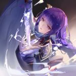  1girl bangs blunt_bangs braid breasts cleavage electricity genshin_impact half-closed_eyes highres holding holding_sword holding_weapon japanese_clothes kimono large_breasts long_hair maoao mole mole_under_eye parted_lips pulling purple_eyes purple_hair raiden_shogun solo sword sword_between_breasts upper_body weapon wide_sleeves 