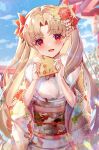  1girl bangs blonde_hair blue_sky blurry blurry_background chiachun0621 cloud cloudy_sky commentary day depth_of_field ema ereshkigal_(fate) eyebrows_visible_through_hair fate/grand_order fate_(series) floral_print fur_scarf hair_ornament highres holding japanese_clothes kimono long_hair long_sleeves looking_at_viewer new_year obi open_mouth outdoors parted_bangs print_kimono red_eyes sash sky smile solo two_side_up white_kimono wide_sleeves 