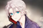  0jae 1boy albedo_(genshin_impact) artist_name blue_eyes blue_shirt blurry bokeh closed_mouth depth_of_field genshin_impact gloves grey_background grey_hair hair_between_eyes head_rest highres looking_at_viewer male_focus portrait scar scar_on_neck shirt simple_background solo watermark 