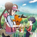  1boy 2girls :d absurdres bag bianca_(pokemon) black_legwear blue_eyes bow bright_pupils brown_hair cloud commentary_request day double_bun glasses green_pants hat hat_bow highres holding holding_poke_ball holding_pokemon hood hooded_jacket hugh_(pokemon) jacket legwear_under_shorts long_hair multiple_girls official_art open_clothes open_jacket open_mouth orange_jacket outdoors pants pantyhose pink_bow poke_ball poke_ball_(basic) pokemon pokemon_(creature) pokemon_(game) pokemon_bw2 raglan_sleeves red-framed_eyewear rosa_(pokemon) semi-rimless_eyewear shirt short_shorts shorts sky sleeves_past_elbows smile starly teeth tepig twintails upper_teeth v-neck visor_cap white_bow white_pupils white_shirt yellow_shorts 